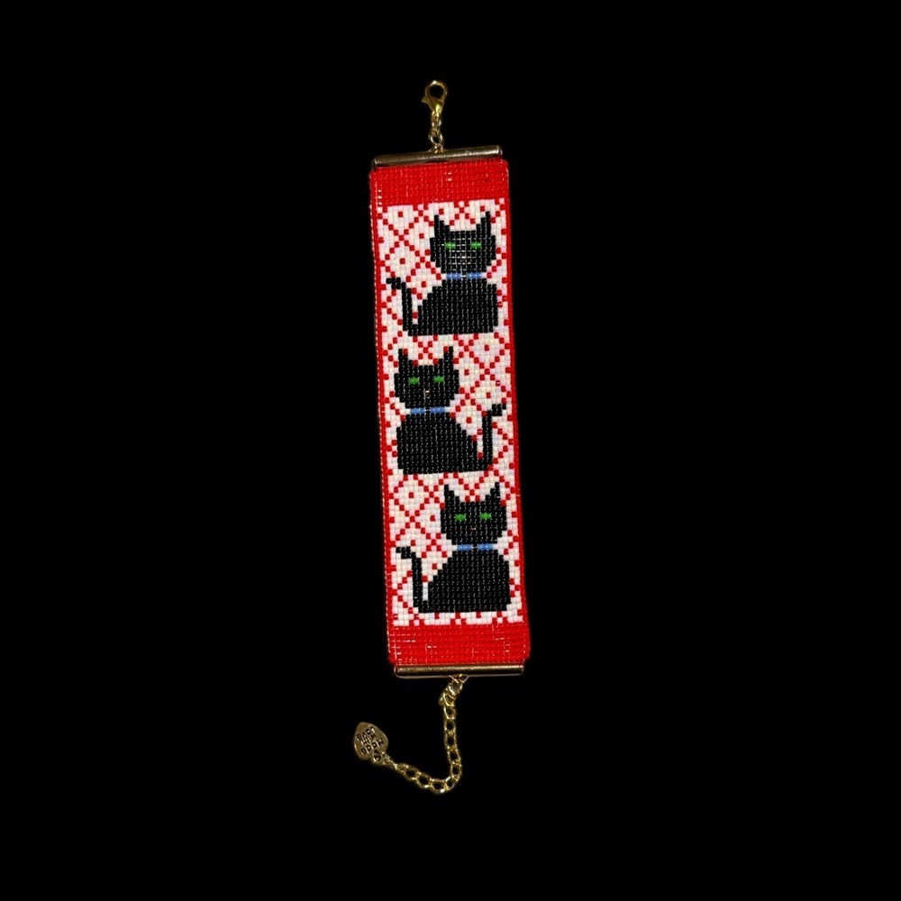 Handwoven beaded three black cat loom cuff panel bracelet adjustable cat lover - Picture 5 of 5